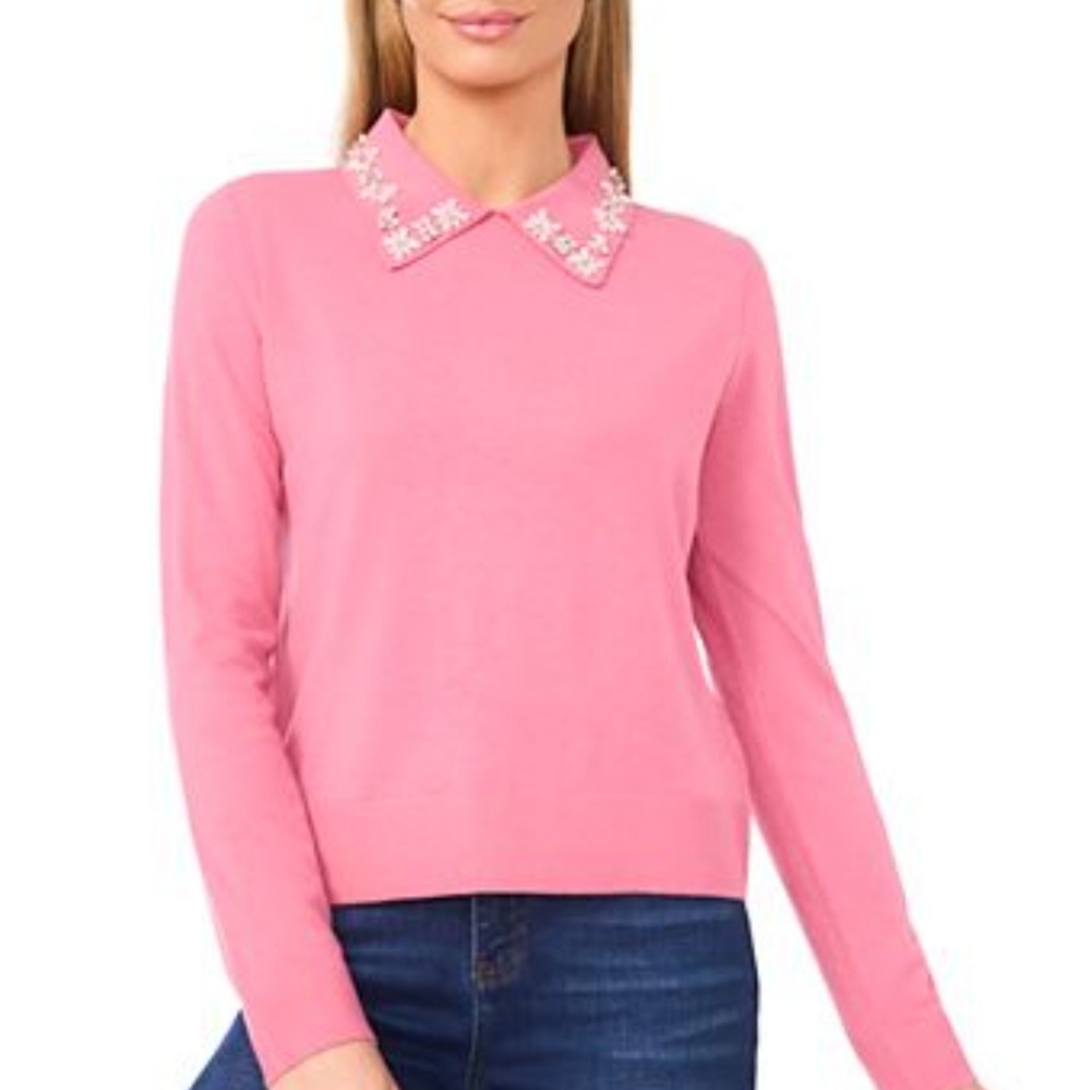 Pink Sweater with Floral Collar Sz S